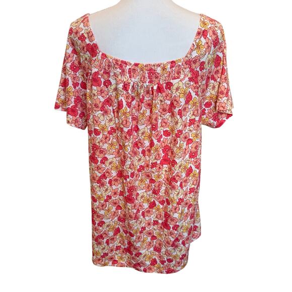 Lands End Top Women's Size XL 18 Floral Pink Lightweight Smocked Short Sleeve - Picture 5 of 10